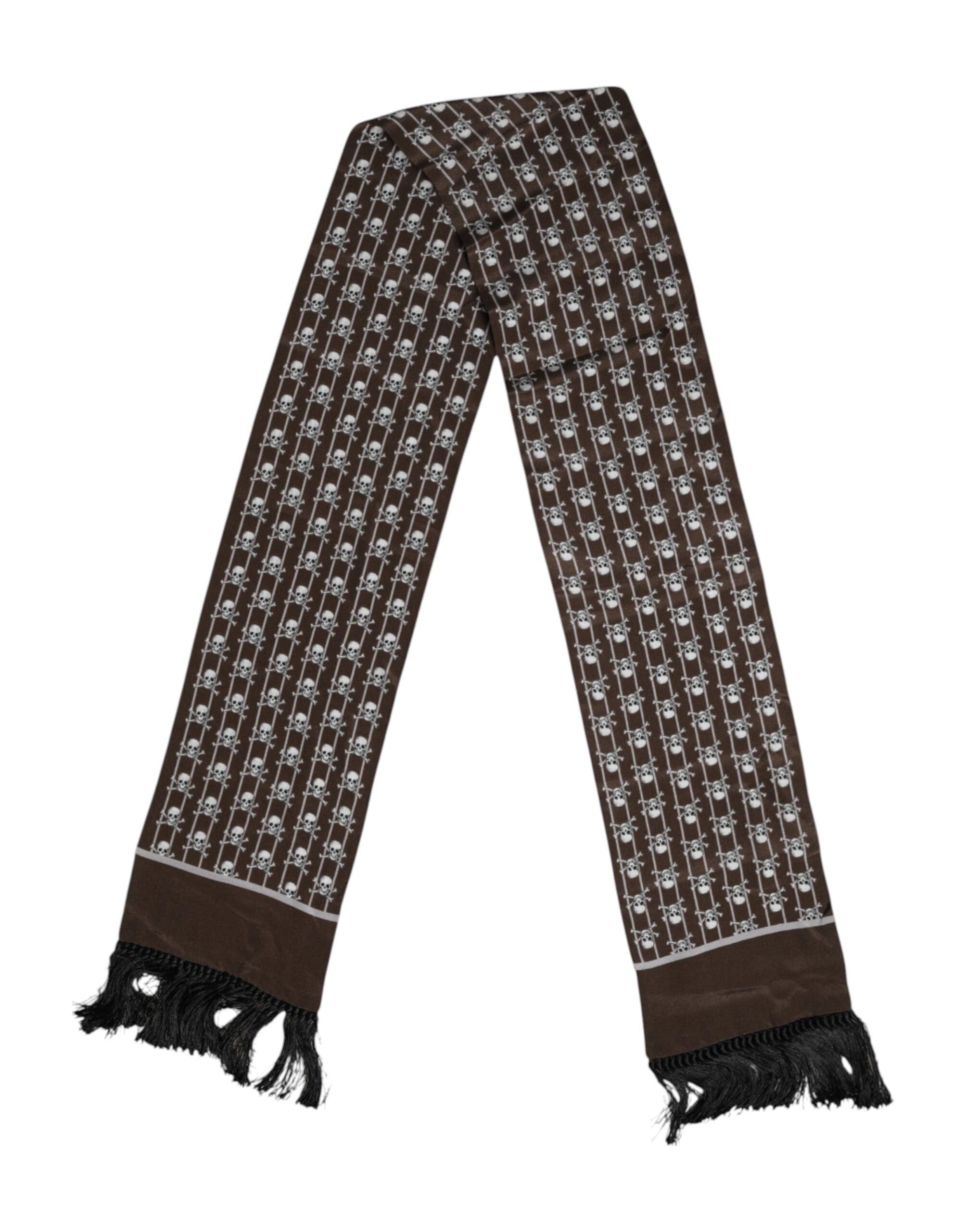 Dolce & Gabbana Brown Skulls Print Fringes Men Foulard Scarf